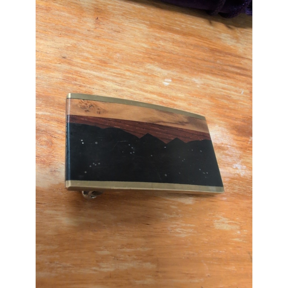 Vintage Kenneth Ried Style Scenic Wood Brass Belt Buckle Albuquerque, New Mexico